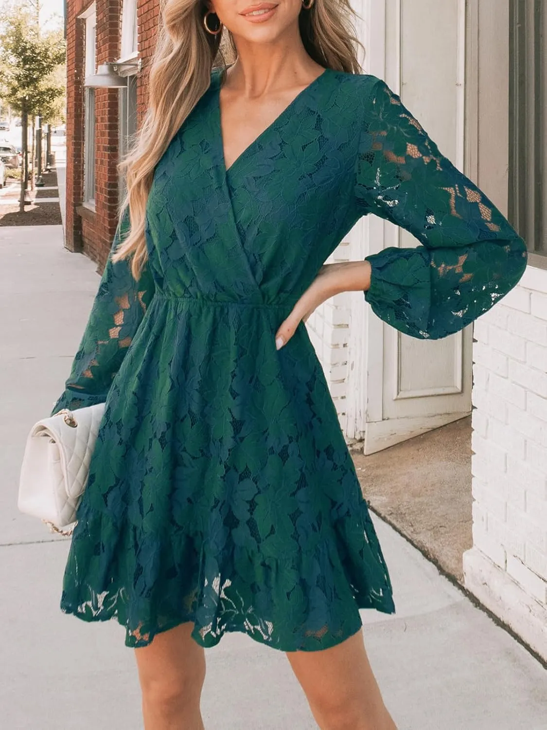 CUPSHE Women Elegant V Neck Lace Peasant Sleeve Summer Dress Elastic High Waist A Line Casual Wedding Guest Mini Dress