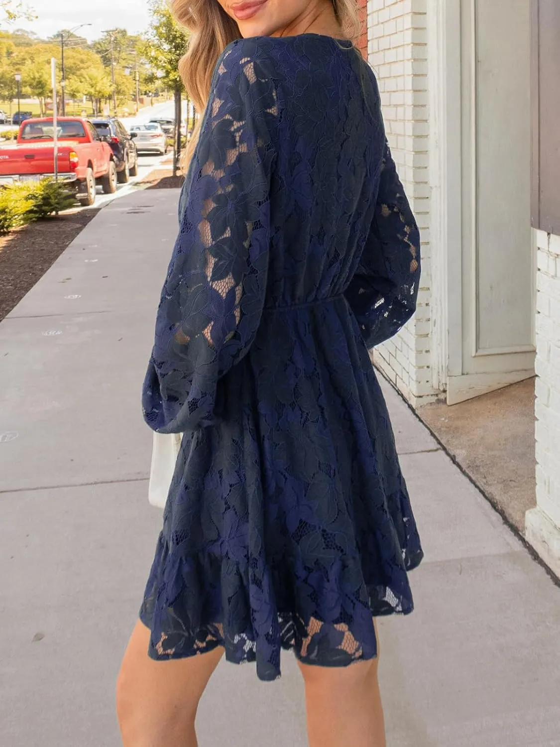 CUPSHE Women Elegant V Neck Lace Peasant Sleeve Summer Dress Elastic High Waist A Line Casual Wedding Guest Mini Dress