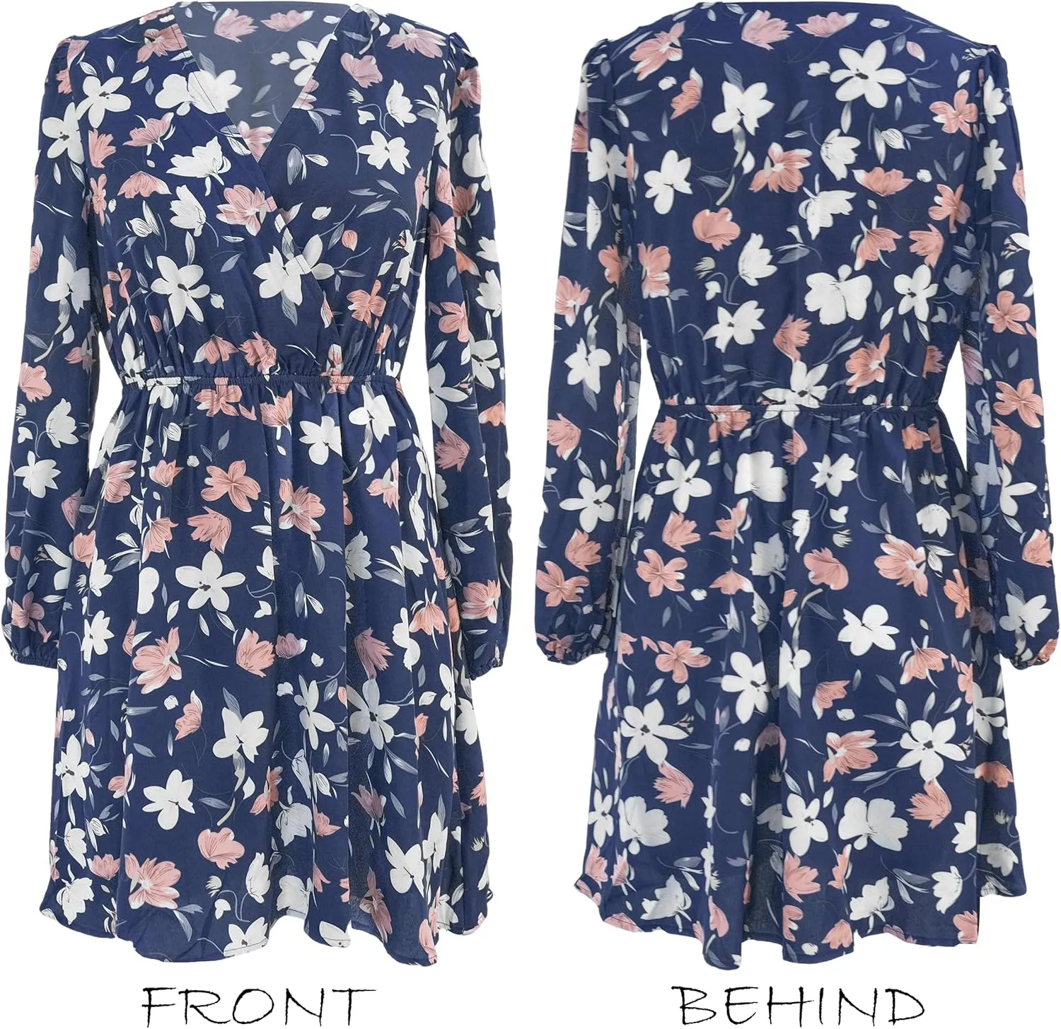 CUPSHE Women Floral Ruffle Summer Dress Surplice V Neck Long Peasant Sleeve Elastic Waist Flowy Casual Holiday Mini Dress