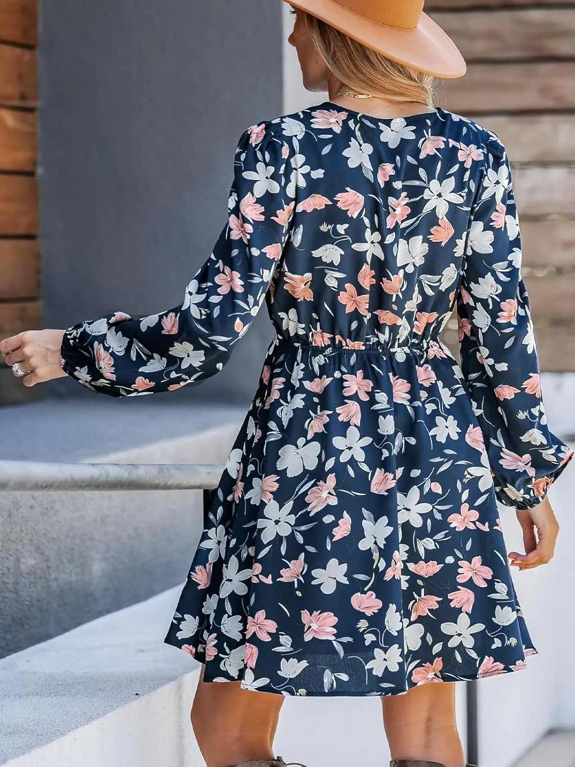 CUPSHE Women Floral Ruffle Summer Dress Surplice V Neck Long Peasant Sleeve Elastic Waist Flowy Casual Holiday Mini Dress