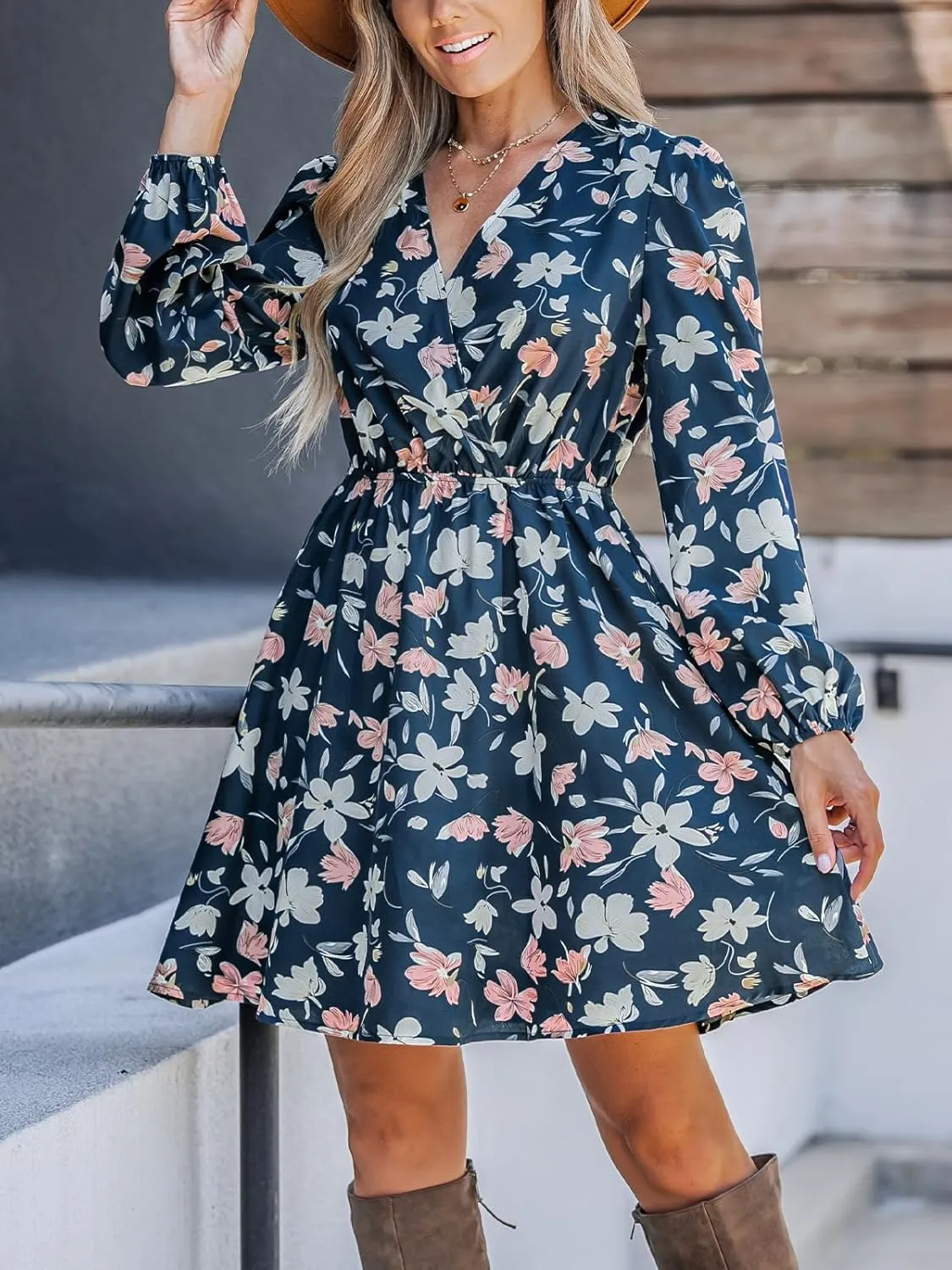CUPSHE Women Floral Ruffle Summer Dress Surplice V Neck Long Peasant Sleeve Elastic Waist Flowy Casual Holiday Mini Dress