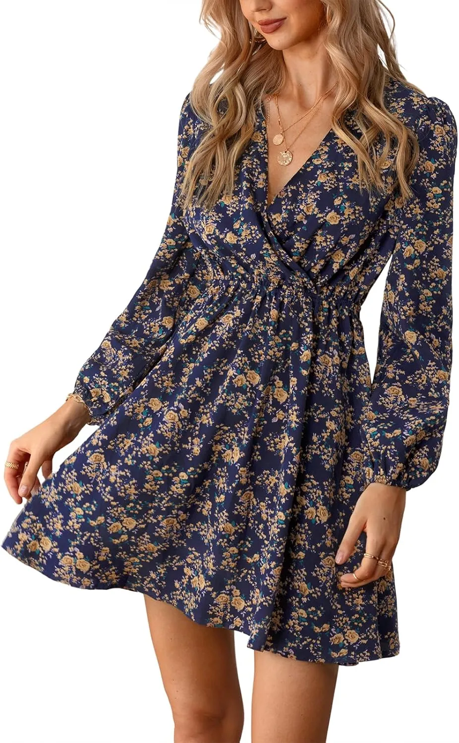 CUPSHE Women Floral Ruffle Summer Dress Surplice V Neck Long Peasant Sleeve Elastic Waist Flowy Casual Holiday Mini Dress