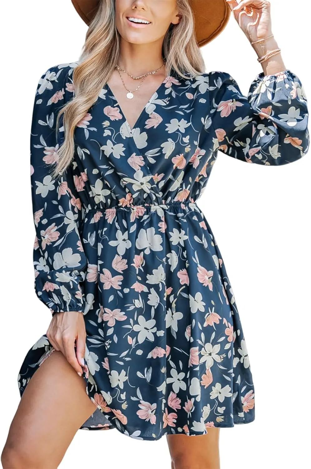CUPSHE Women Floral Ruffle Summer Dress Surplice V Neck Long Peasant Sleeve Elastic Waist Flowy Casual Holiday Mini Dress