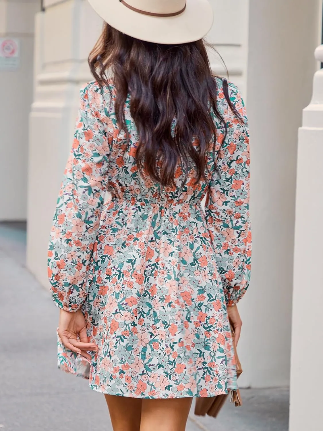 CUPSHE Women Floral Ruffle Summer Dress Surplice V Neck Long Peasant Sleeve Elastic Waist Flowy Casual Holiday Mini Dress