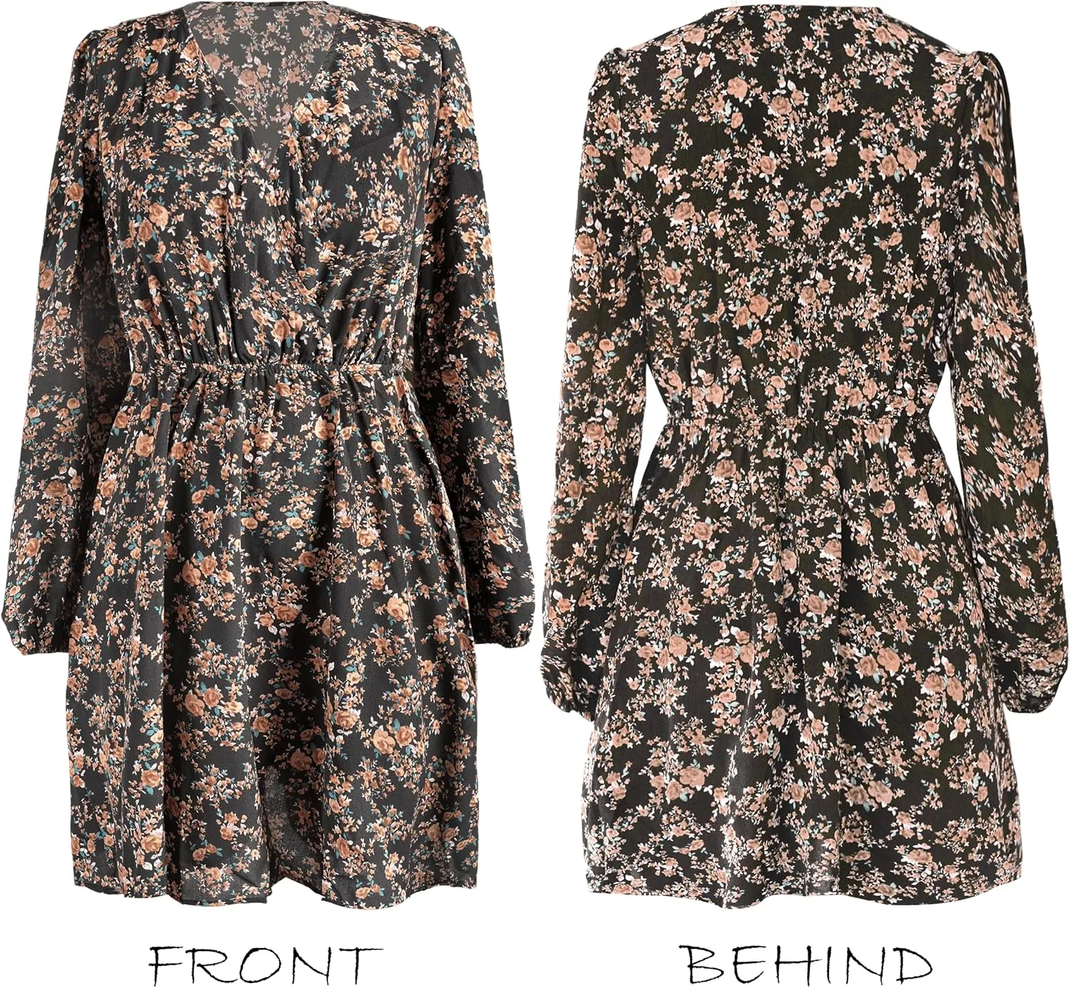 CUPSHE Women Floral Ruffle Summer Dress Surplice V Neck Long Peasant Sleeve Elastic Waist Flowy Casual Holiday Mini Dress