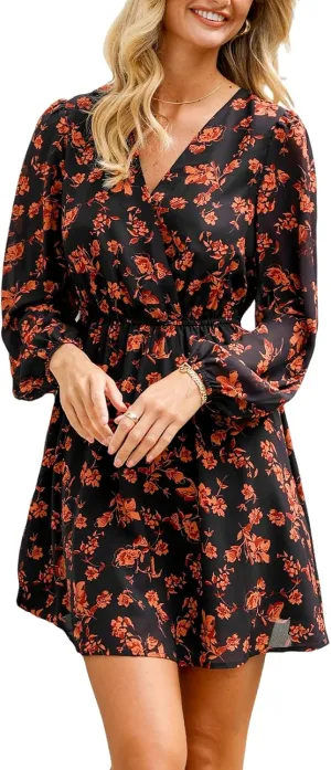 CUPSHE Women Floral Ruffle Summer Dress Surplice V Neck Long Peasant Sleeve Elastic Waist Flowy Casual Holiday Mini Dress