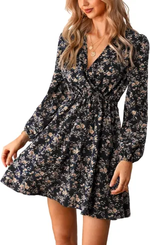 CUPSHE Women Floral Ruffle Summer Dress Surplice V Neck Long Peasant Sleeve Elastic Waist Flowy Casual Holiday Mini Dress