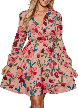 CUPSHE Women Floral Ruffle Summer Dress Surplice V Neck Long Peasant Sleeve Elastic Waist Flowy Casual Holiday Mini Dress