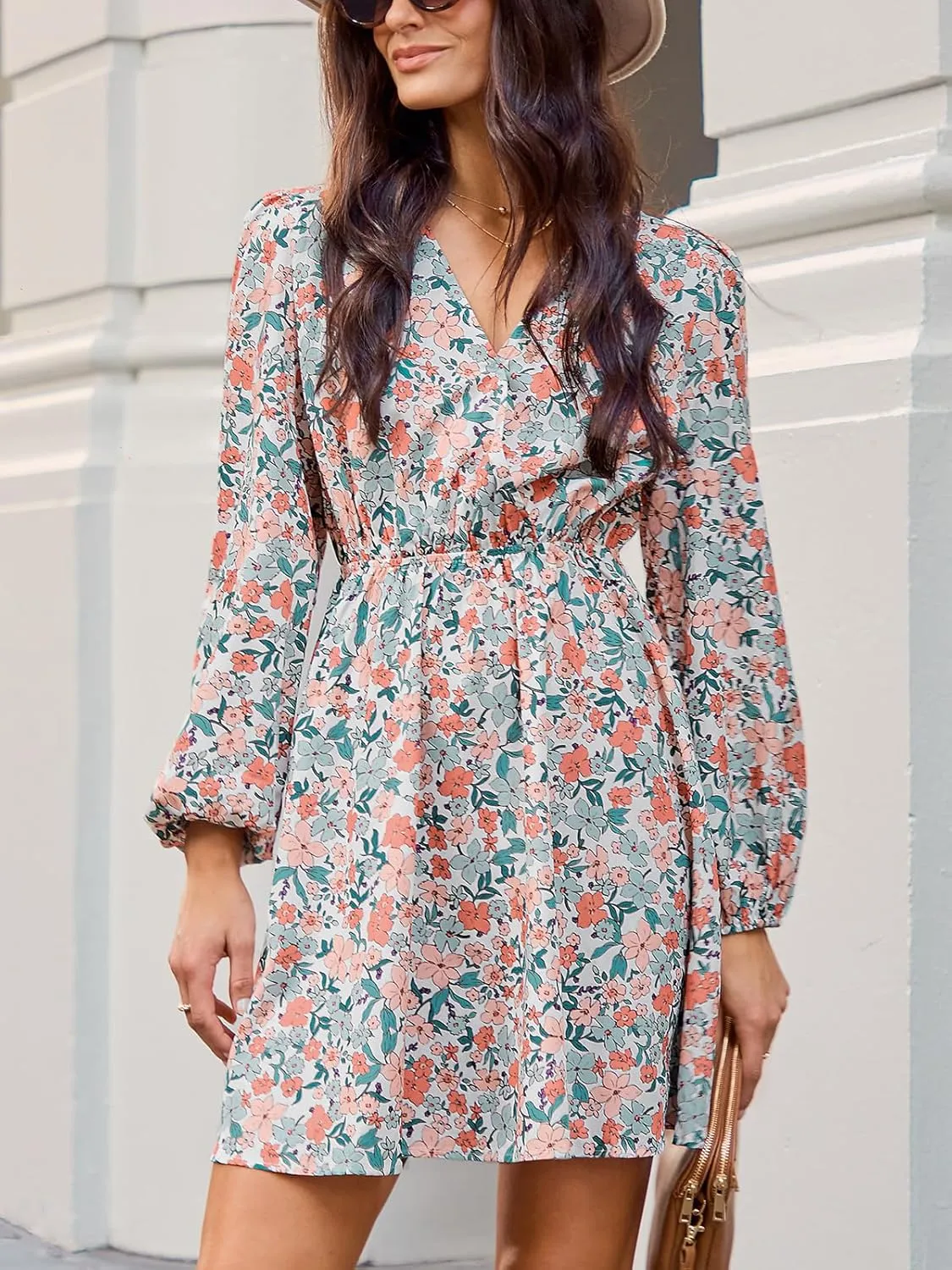 CUPSHE Women Floral Ruffle Summer Dress Surplice V Neck Long Peasant Sleeve Elastic Waist Flowy Casual Holiday Mini Dress