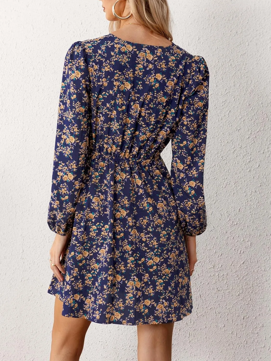 CUPSHE Women Floral Ruffle Summer Dress Surplice V Neck Long Peasant Sleeve Elastic Waist Flowy Casual Holiday Mini Dress