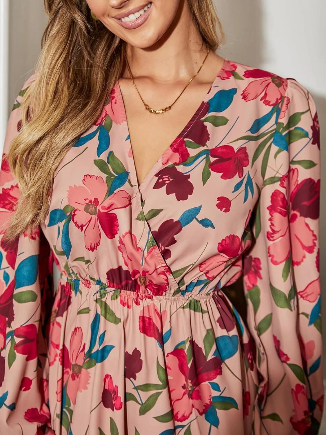 CUPSHE Women Floral Ruffle Summer Dress Surplice V Neck Long Peasant Sleeve Elastic Waist Flowy Casual Holiday Mini Dress