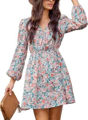 CUPSHE Women Floral Ruffle Summer Dress Surplice V Neck Long Peasant Sleeve Elastic Waist Flowy Casual Holiday Mini Dress