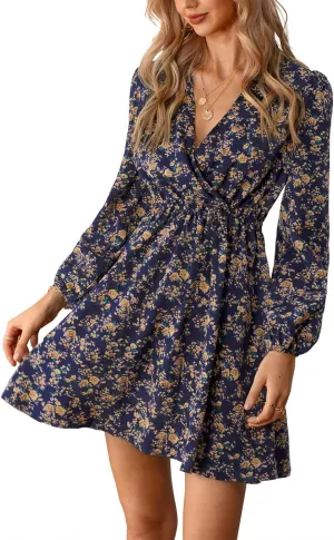 CUPSHE Women Floral Ruffle Summer Dress Surplice V Neck Long Peasant Sleeve Elastic Waist Flowy Casual Holiday Mini Dress