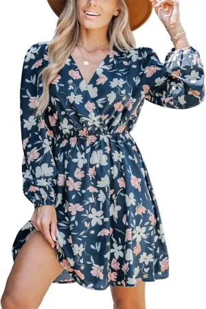 CUPSHE Women Floral Ruffle Summer Dress Surplice V Neck Long Peasant Sleeve Elastic Waist Flowy Casual Holiday Mini Dress