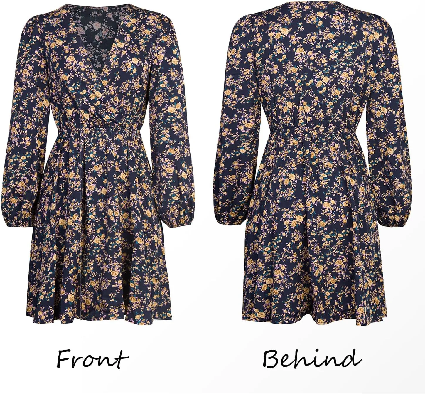 CUPSHE Women Floral Ruffle Summer Dress Surplice V Neck Long Peasant Sleeve Elastic Waist Flowy Casual Holiday Mini Dress