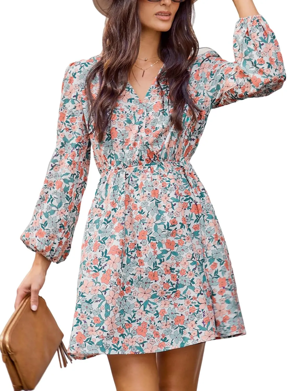 CUPSHE Women Floral Ruffle Summer Dress Surplice V Neck Long Peasant Sleeve Elastic Waist Flowy Casual Holiday Mini Dress