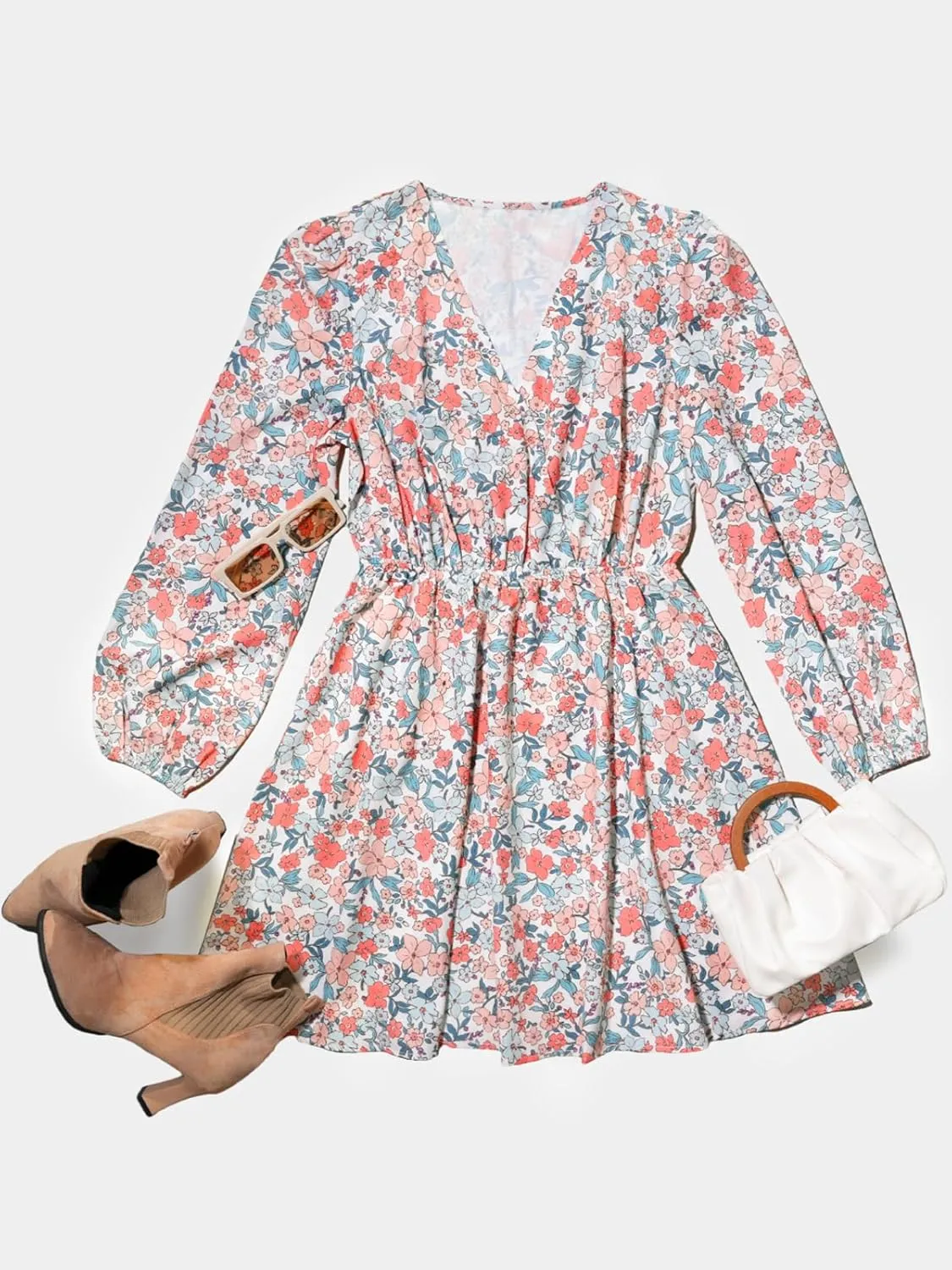 CUPSHE Women Floral Ruffle Summer Dress Surplice V Neck Long Peasant Sleeve Elastic Waist Flowy Casual Holiday Mini Dress
