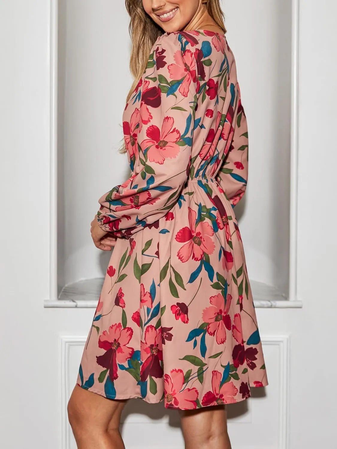 CUPSHE Women Floral Ruffle Summer Dress Surplice V Neck Long Peasant Sleeve Elastic Waist Flowy Casual Holiday Mini Dress