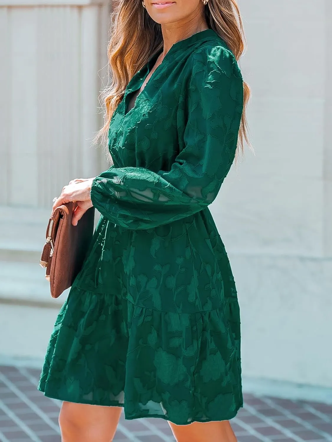 CUPSHE Women Ruffle Lace Mini Fall Dresses Semi Formal Wedding Guest Dress V Neck Long Peasant Sleeve Elastic Waist Tie