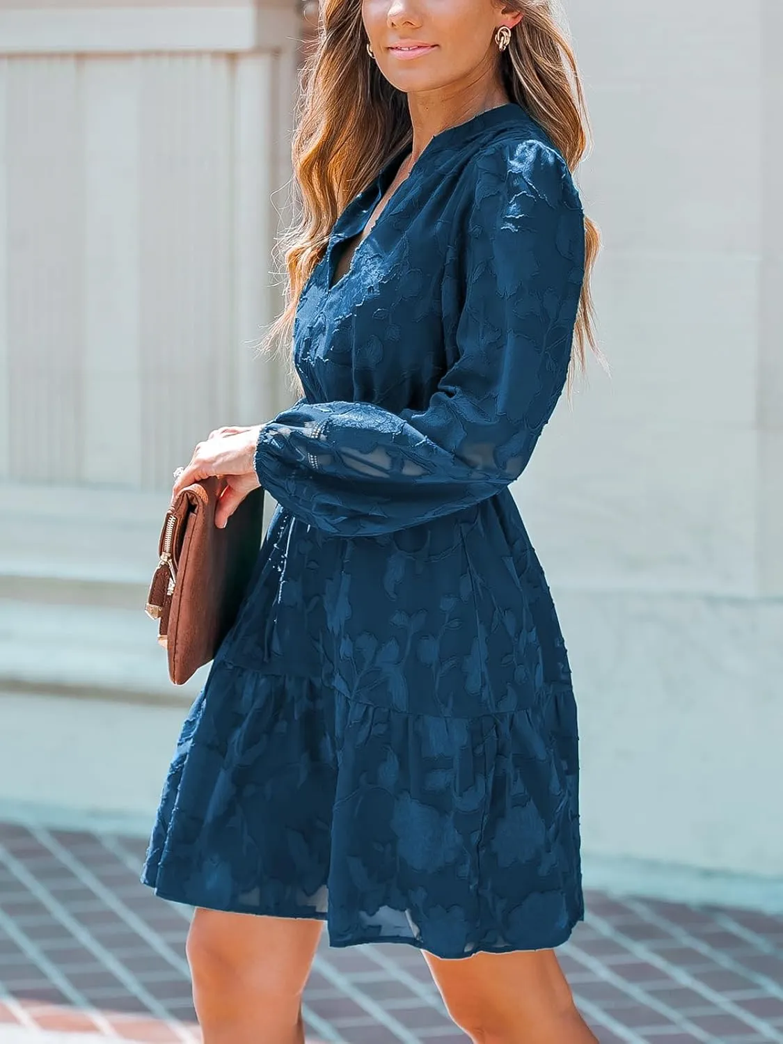 CUPSHE Women Ruffle Lace Mini Fall Dresses Semi Formal Wedding Guest Dress V Neck Long Peasant Sleeve Elastic Waist Tie