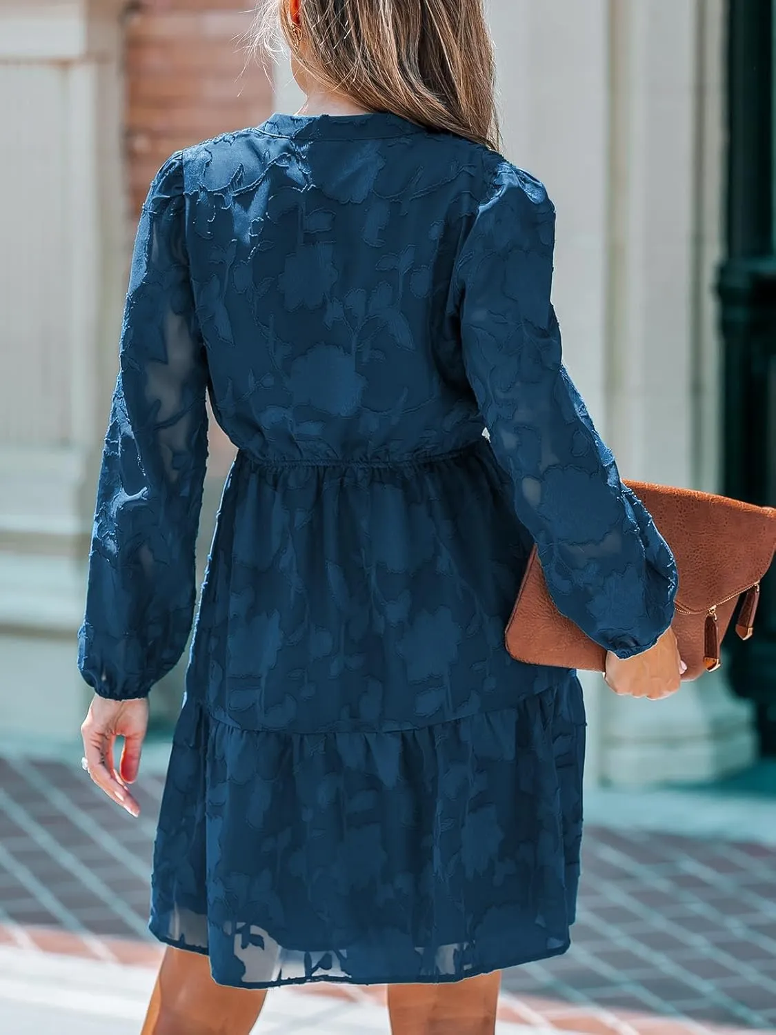 CUPSHE Women Ruffle Lace Mini Fall Dresses Semi Formal Wedding Guest Dress V Neck Long Peasant Sleeve Elastic Waist Tie