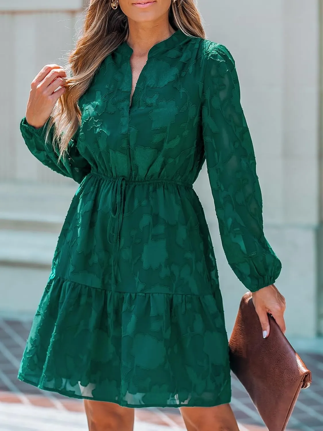 CUPSHE Women Ruffle Lace Mini Fall Dresses Semi Formal Wedding Guest Dress V Neck Long Peasant Sleeve Elastic Waist Tie