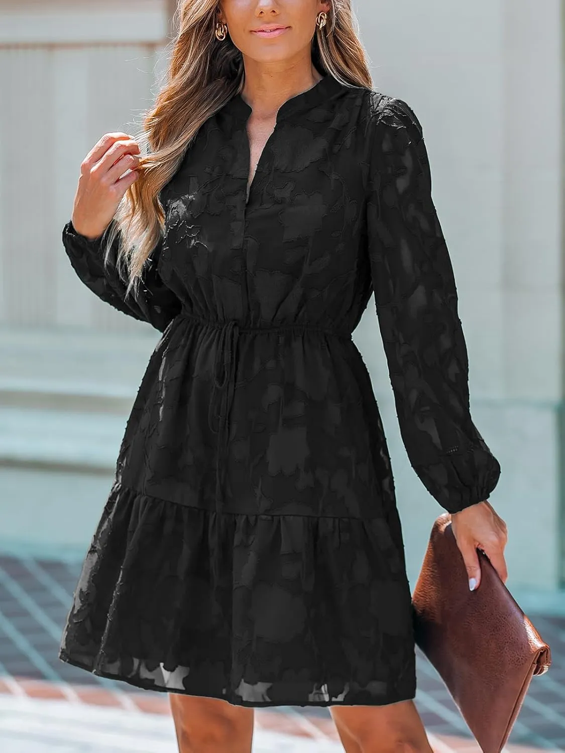 CUPSHE Women Ruffle Lace Mini Fall Dresses Semi Formal Wedding Guest Dress V Neck Long Peasant Sleeve Elastic Waist Tie
