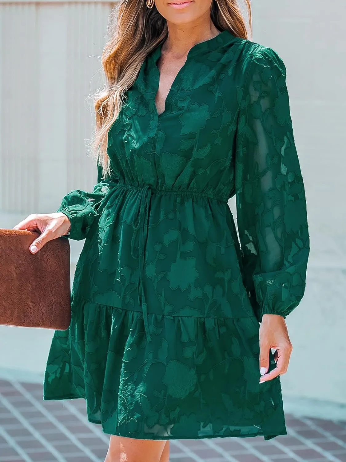 CUPSHE Women Ruffle Lace Mini Fall Dresses Semi Formal Wedding Guest Dress V Neck Long Peasant Sleeve Elastic Waist Tie