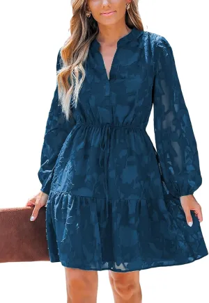 CUPSHE Women Ruffle Lace Mini Fall Dresses Semi Formal Wedding Guest Dress V Neck Long Peasant Sleeve Elastic Waist Tie