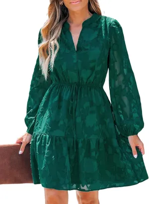 CUPSHE Women Ruffle Lace Mini Fall Dresses Semi Formal Wedding Guest Dress V Neck Long Peasant Sleeve Elastic Waist Tie