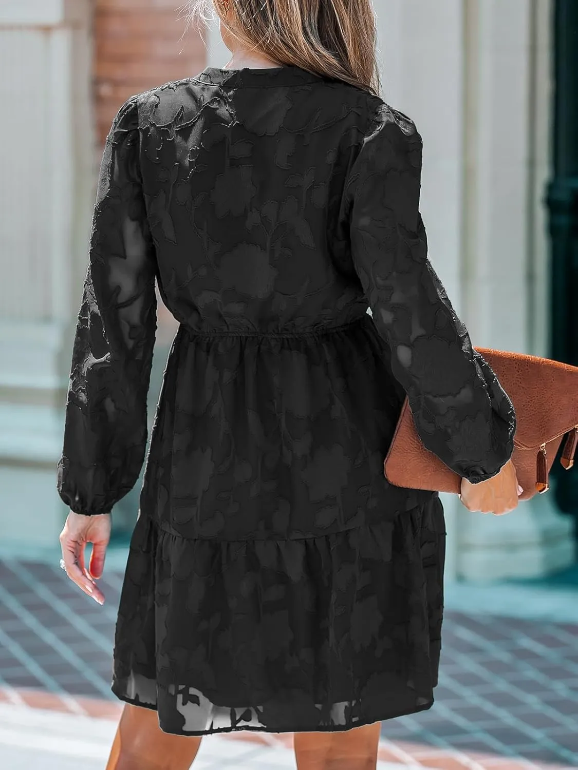 CUPSHE Women Ruffle Lace Mini Fall Dresses Semi Formal Wedding Guest Dress V Neck Long Peasant Sleeve Elastic Waist Tie