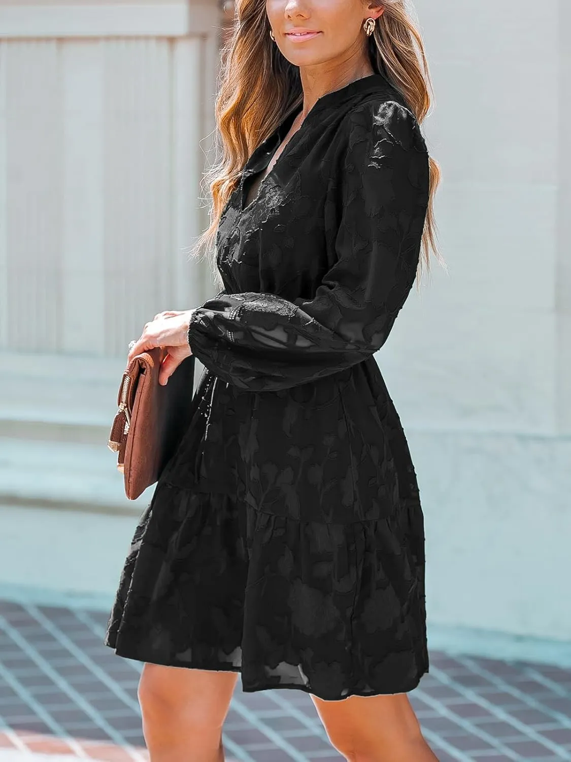 CUPSHE Women Ruffle Lace Mini Fall Dresses Semi Formal Wedding Guest Dress V Neck Long Peasant Sleeve Elastic Waist Tie