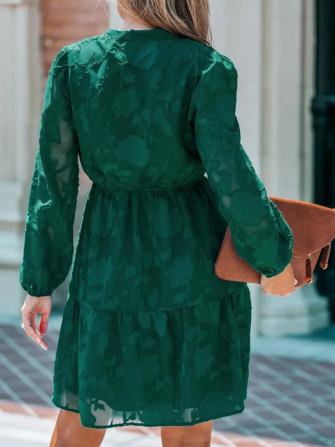 CUPSHE Women Ruffle Lace Mini Fall Dresses Semi Formal Wedding Guest Dress V Neck Long Peasant Sleeve Elastic Waist Tie