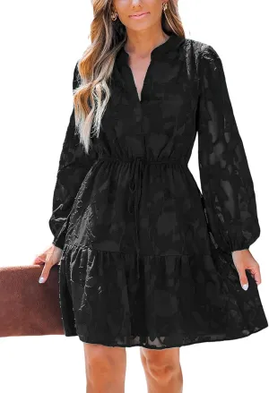 CUPSHE Women Ruffle Lace Mini Fall Dresses Semi Formal Wedding Guest Dress V Neck Long Peasant Sleeve Elastic Waist Tie