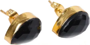 Designer Stud Earrings, Yellow Gold Plated Black Onyx Stud Earrings Unique Gift For Her