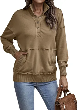 DGHM-JLMY Women's Button Fashion Street Sweater Long Sleeve Oversized Hooded Sweatshirt With Pockets Henley Hoodies Pullover