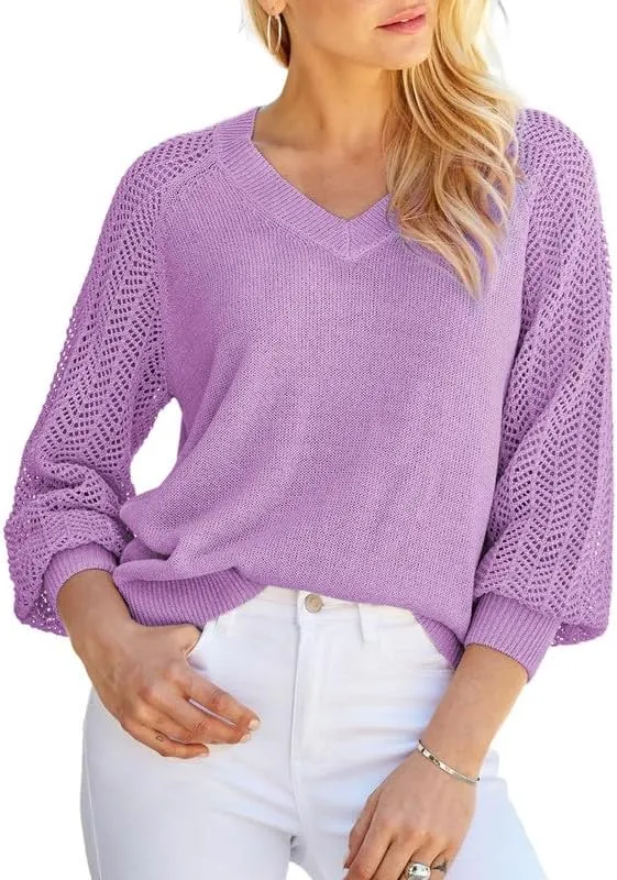 Dokotoo Women's Casual V-Neck Long Sleeve Sweaters Solid Color Pullover Knit Sweater Jumper Tops