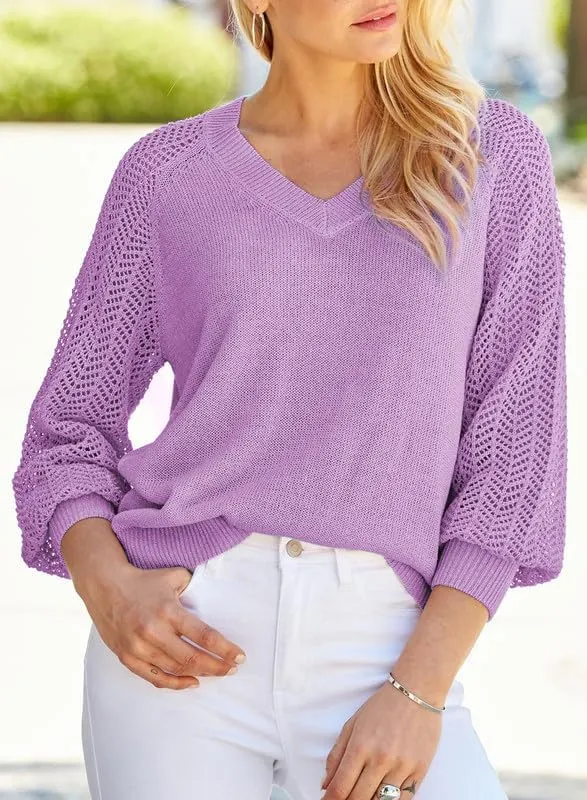 Dokotoo Women's Casual V-Neck Long Sleeve Sweaters Solid Color Pullover Knit Sweater Jumper Tops