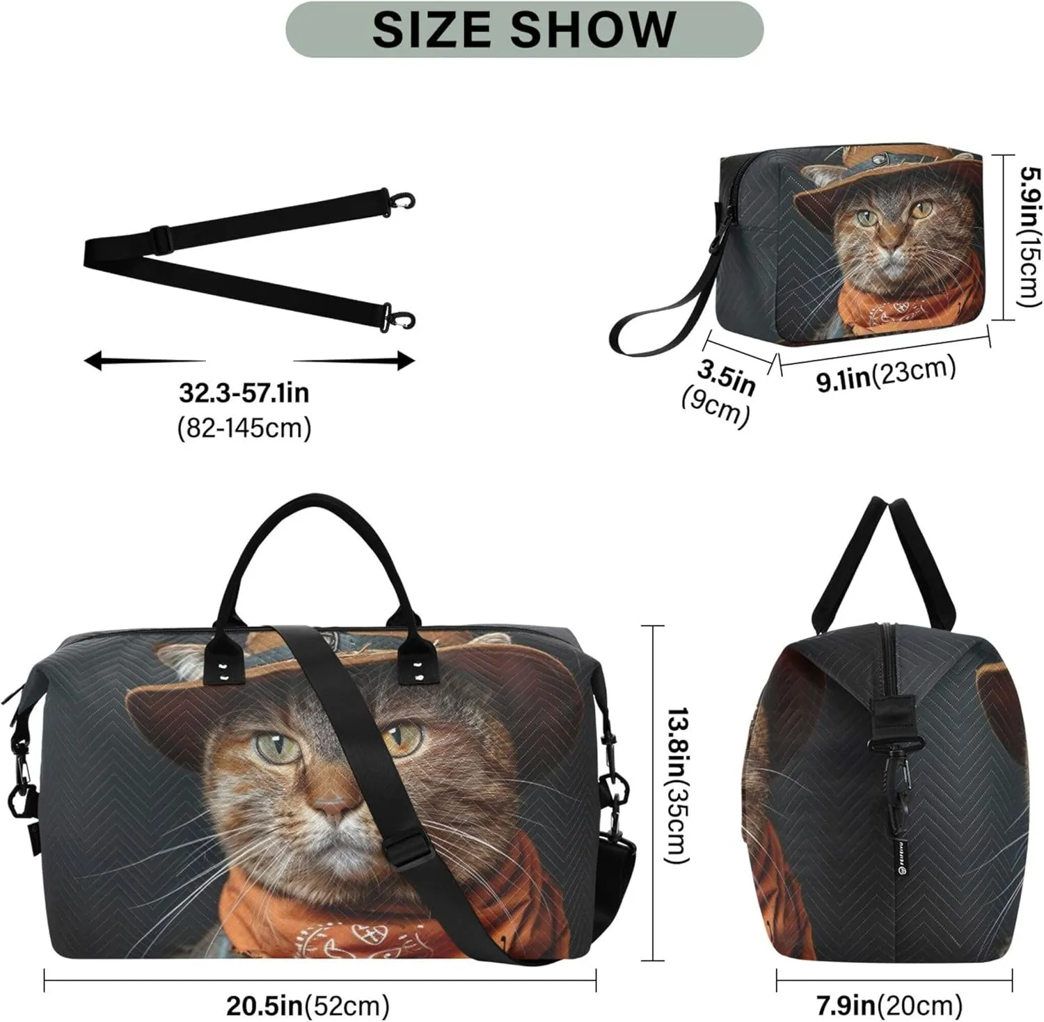 Dressed Cat Cute Duffle Bags Travel Makeup Pouch Set of 2, Print Women Garment Duffel Bag Weekender Travel Bag