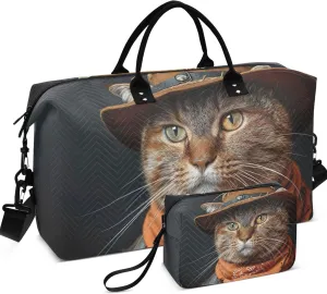 Dressed Cat Cute Duffle Bags Travel Makeup Pouch Set of 2, Print Women Garment Duffel Bag Weekender Travel Bag
