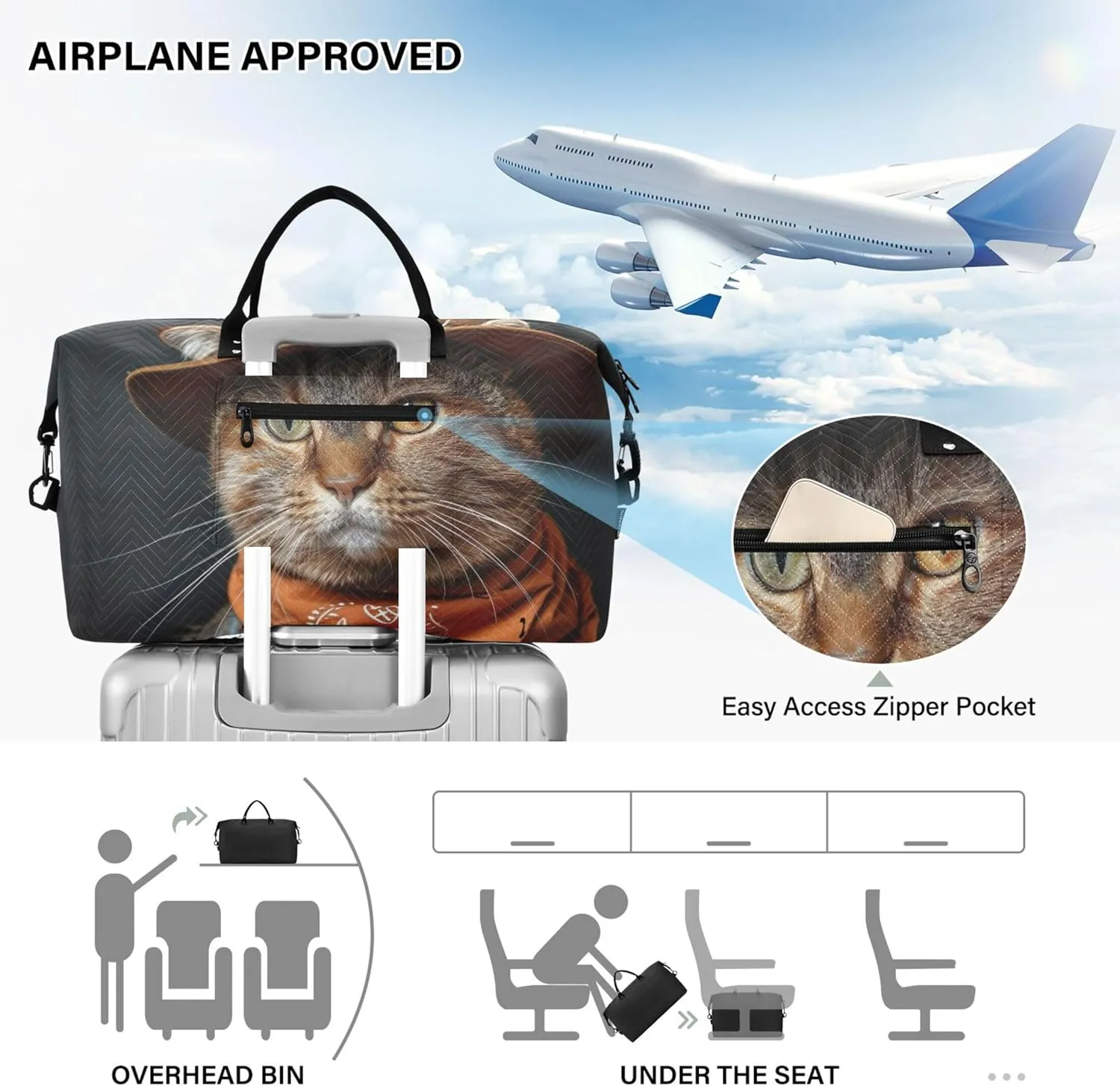 Dressed Cat Cute Duffle Bags Travel Makeup Pouch Set of 2, Print Women Garment Duffel Bag Weekender Travel Bag