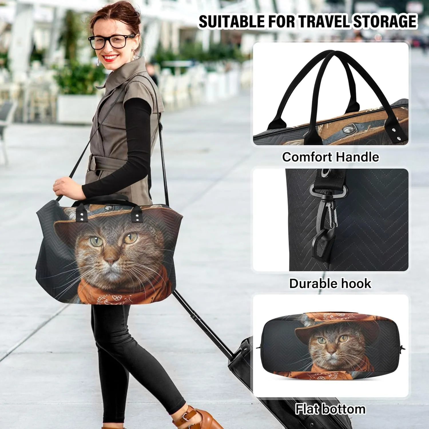 Dressed Cat Cute Duffle Bags Travel Makeup Pouch Set of 2, Print Women Garment Duffel Bag Weekender Travel Bag