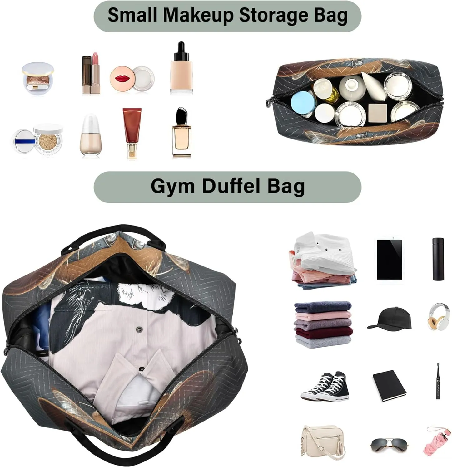 Dressed Cat Cute Duffle Bags Travel Makeup Pouch Set of 2, Print Women Garment Duffel Bag Weekender Travel Bag