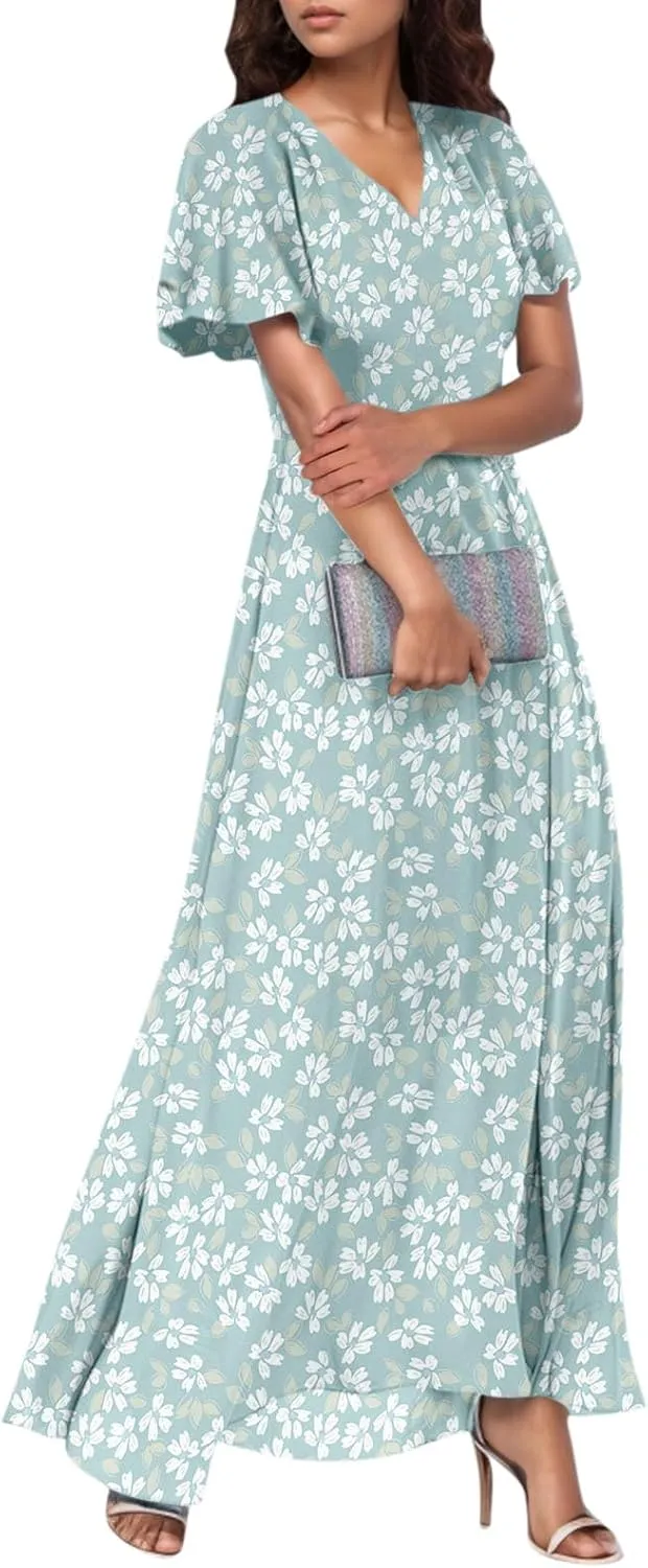 Easter Dresses for Women 2025 Summer Floral Chiffon Sun Dress Flowy Vacation Outfits Boho V Neck Ruffle Dress Beach Dress
