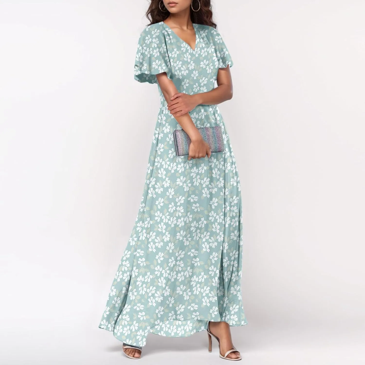 Easter Dresses for Women 2025 Summer Floral Chiffon Sun Dress Flowy Vacation Outfits Boho V Neck Ruffle Dress Beach Dress