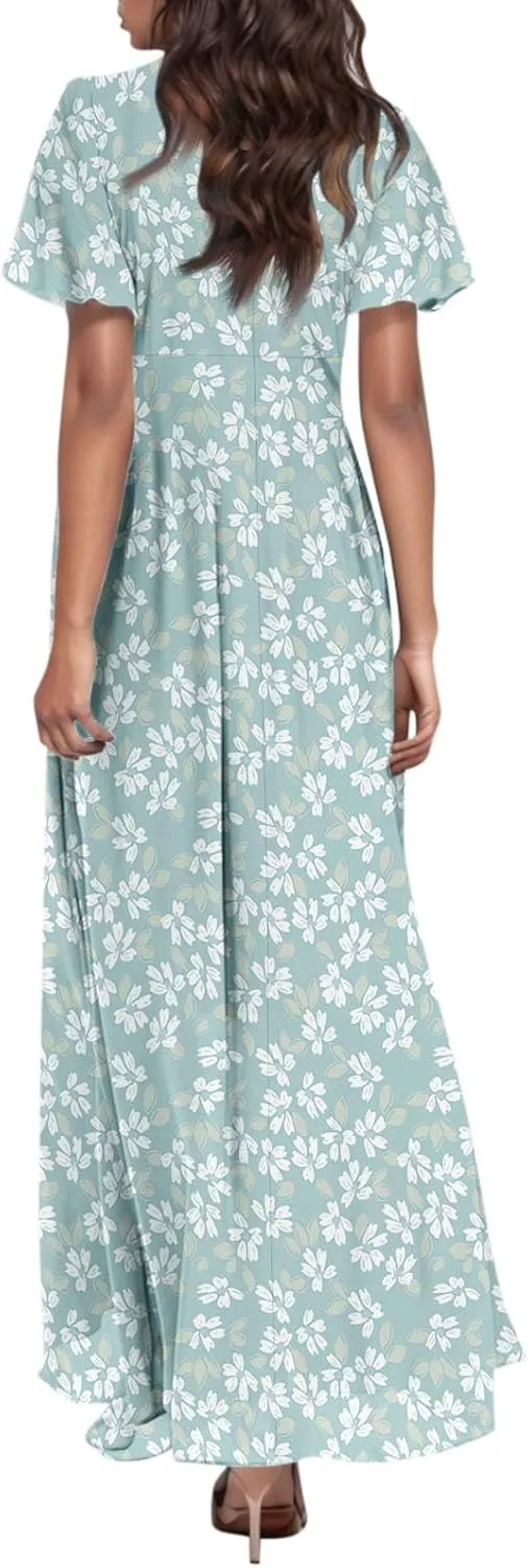 Easter Dresses for Women 2025 Summer Floral Chiffon Sun Dress Flowy Vacation Outfits Boho V Neck Ruffle Dress Beach Dress