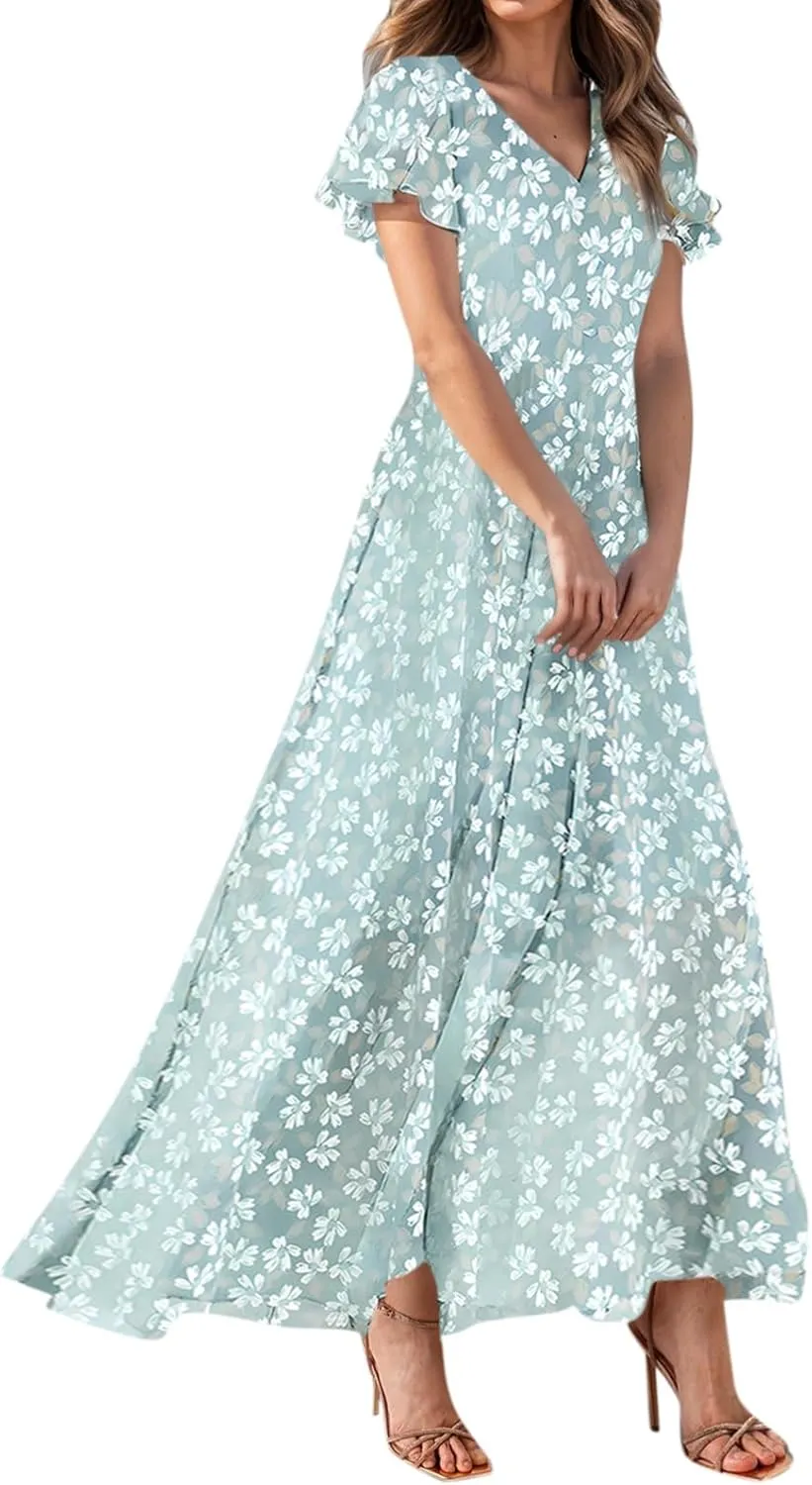 Easter Dresses for Women 2025 Summer Floral Chiffon Sun Dress Flowy Vacation Outfits Boho V Neck Ruffle Dress Beach Dress