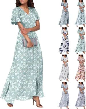 Easter Dresses for Women 2025 Summer Floral Chiffon Sun Dress Flowy Vacation Outfits Boho V Neck Ruffle Dress Beach Dress