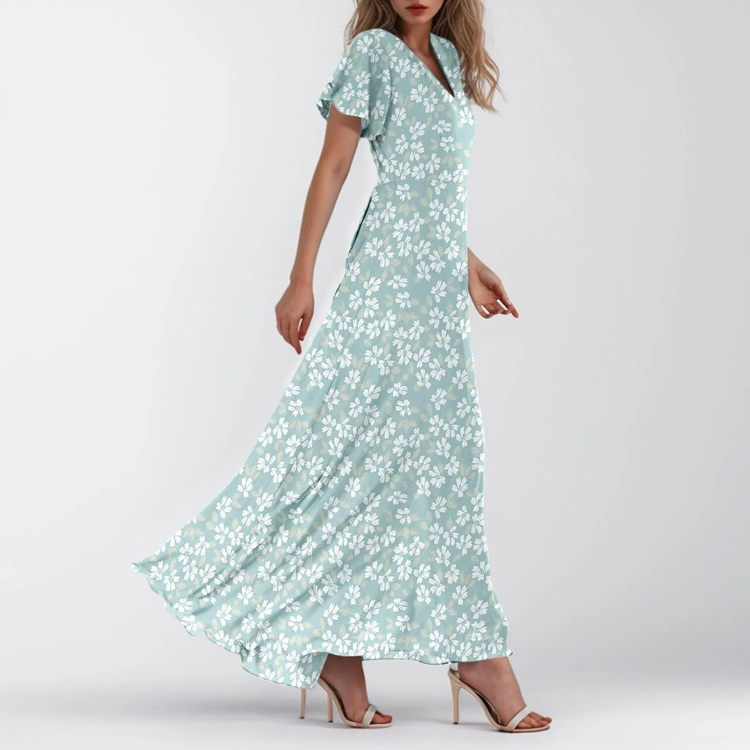 Easter Dresses for Women 2025 Summer Floral Chiffon Sun Dress Flowy Vacation Outfits Boho V Neck Ruffle Dress Beach Dress