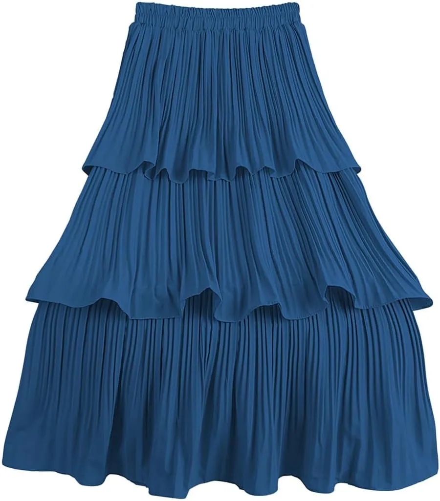 ebossy Women Ruffles Fairy Cake Skirt Elastic Waist Pleated Layered Flared Long Midi Skirt
